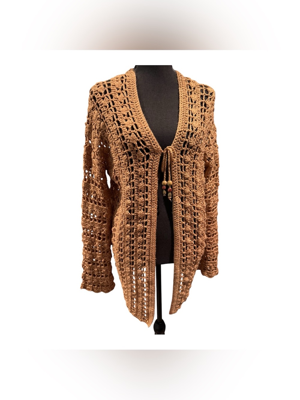 Brown Open-Weave Crochet Cardigan Sweater